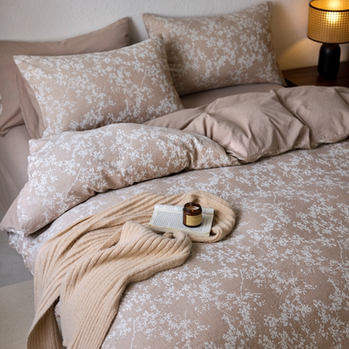 91家纺网 家纺一手货源 找家纺 安莱生活 2025新款三层纱大提花四件套-叶雨朦胧 叶雨朦胧-卡其