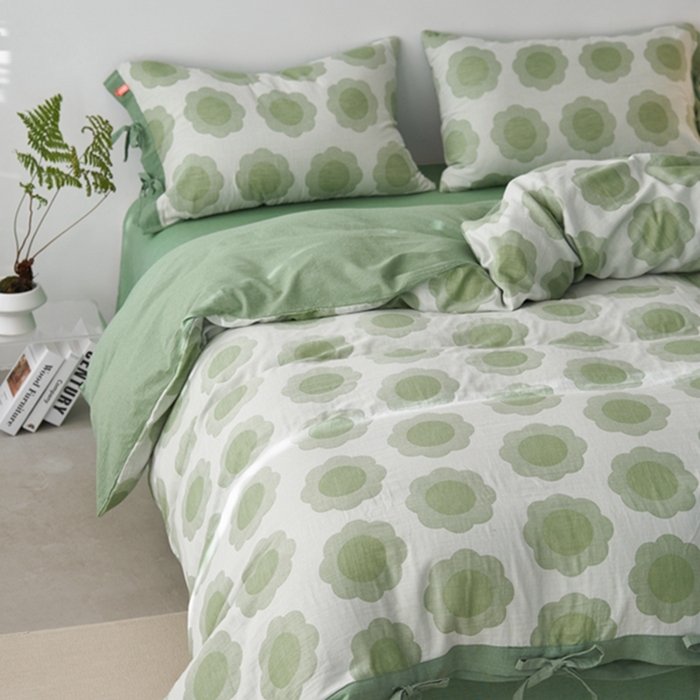 91家纺网 家纺一手货源 找家纺 安莱生活 2024新款双层纱大提花四件套-太阳花系列 太阳花-嫩绿