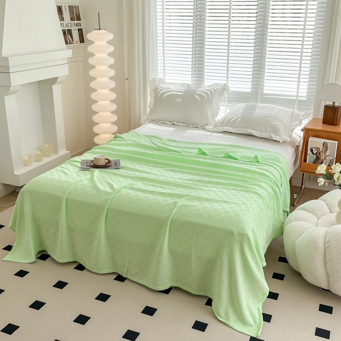 91家纺网 家纺一手货源 找家纺 乐家毛巾被（工厂自产自销） 2024新款全棉针织线毯 线毯果绿