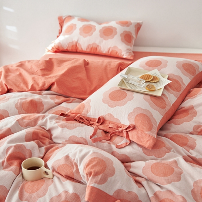 91家纺网 家纺一手货源 找家纺 安莱生活 2024新款双层纱大提花四件套-太阳花系列 太阳花-橘红