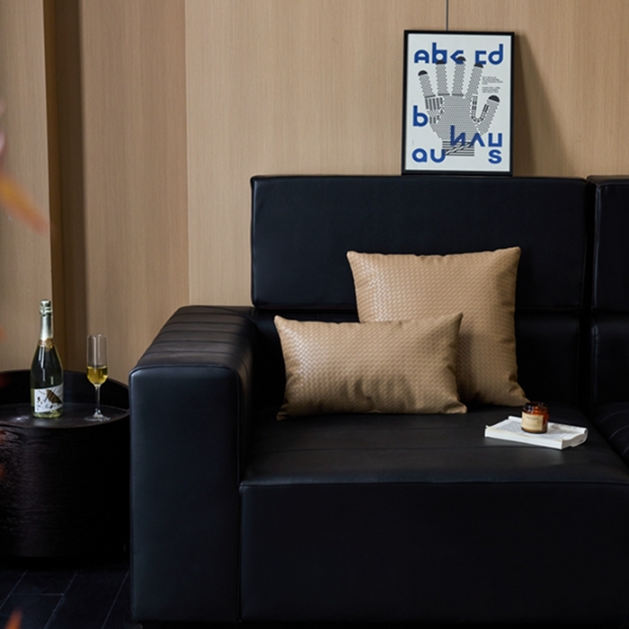 91家纺网 家纺一手货源 找家纺 安莱生活 2024首款编制纹理皮革多功能家用简约创意皮枕 方枕 卡其色