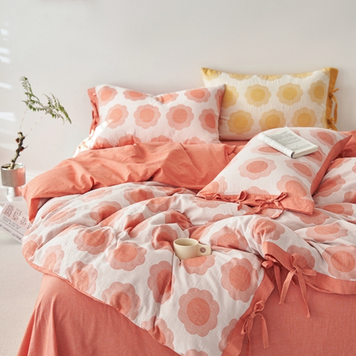 91家纺网 家纺一手货源 找家纺 安莱生活 2024新款双层纱大提花四件套-太阳花系列 太阳花-橘红