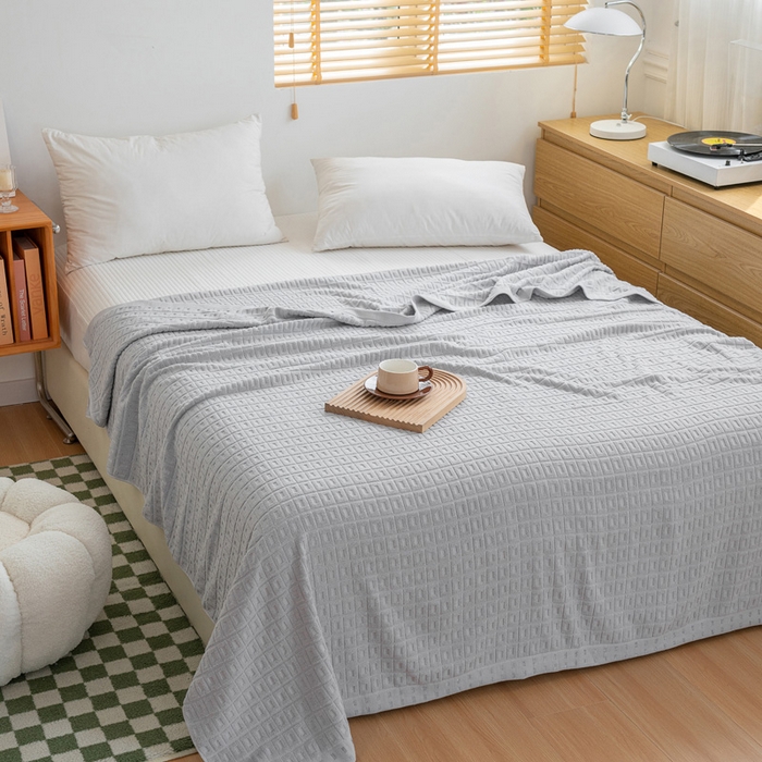 91家纺网 家纺一手货源 找家纺 乐家毛巾被（工厂自产自销） 2024新款简约方块格毛圈 灰色