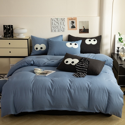 妖妖家纺 2024新款超柔水洗棉毛巾绣四件套（眼睛） 大眼睛-低调蓝+深蓝