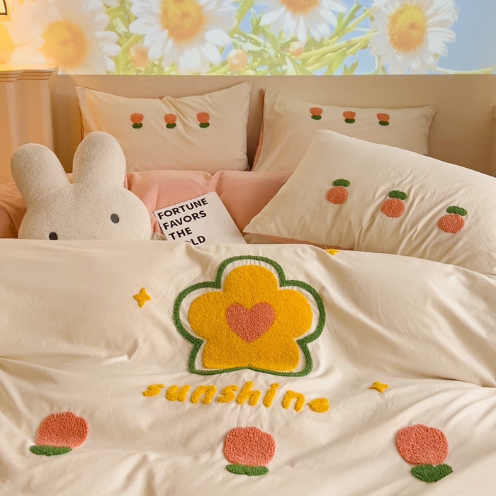 91家纺网 家纺一手货源 找家纺 艾橙家纺 2024新款超柔云朵棉毛巾绣四件套 花儿朵朵