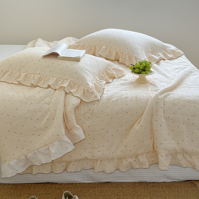 91家纺网 家纺一手货源 找家纺 （总）玛奇朵 2024新款韩式荷叶边全棉双层皱皱纱夏被三件套