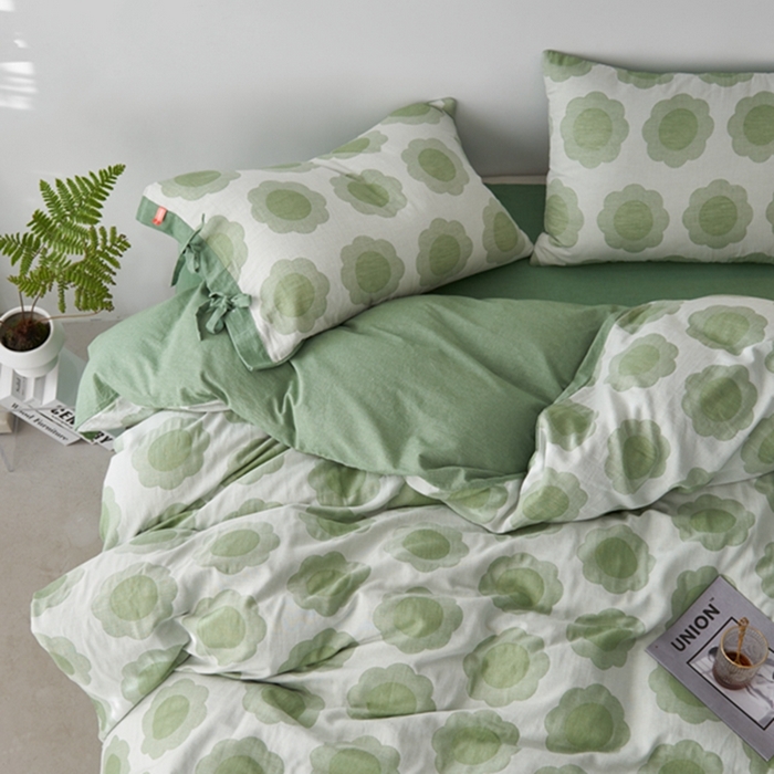 91家纺网 家纺一手货源 找家纺 安莱生活 2024新款双层纱大提花四件套-太阳花系列 太阳花-嫩绿