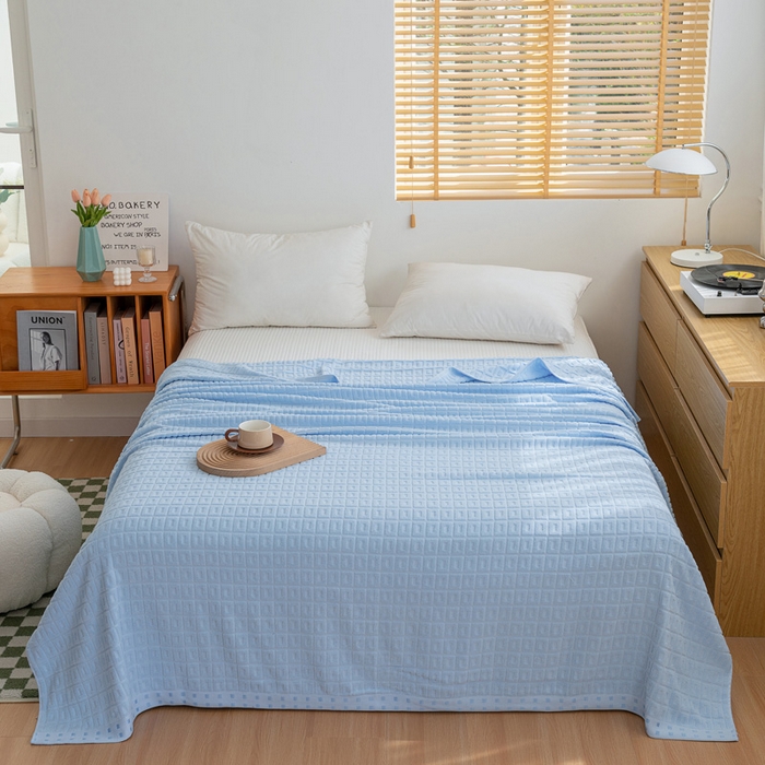 91家纺网 家纺一手货源 找家纺 乐家毛巾被（工厂自产自销） 2024新款简约方块格毛圈 天蓝色