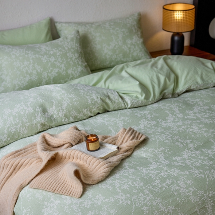 91家纺网 家纺一手货源 找家纺 安莱生活 2025新款三层纱大提花四件套-叶雨朦胧 叶雨朦胧-嫩绿