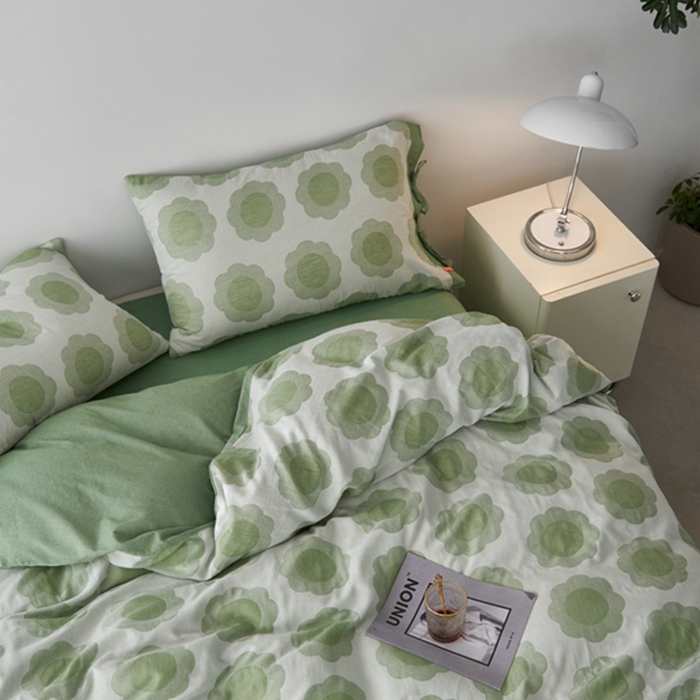 91家纺网 家纺一手货源 找家纺 安莱生活 2024新款双层纱大提花四件套-太阳花系列 太阳花-嫩绿