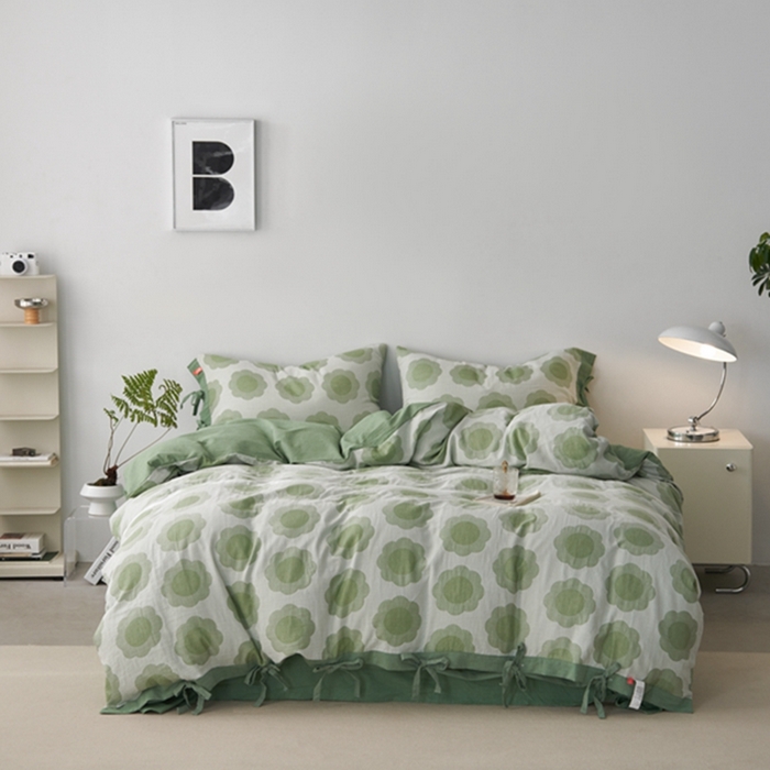 91家纺网 家纺一手货源 找家纺 安莱生活 2024新款双层纱大提花四件套-太阳花系列 太阳花-嫩绿