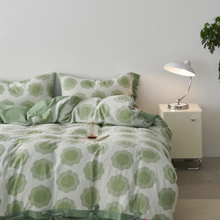 91家纺网 家纺一手货源 找家纺 安莱生活 2024新款双层纱大提花四件套-太阳花系列 太阳花-嫩绿