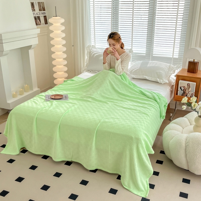 91家纺网 家纺一手货源 找家纺 乐家毛巾被（工厂自产自销） 2024新款全棉针织线毯 线毯果绿