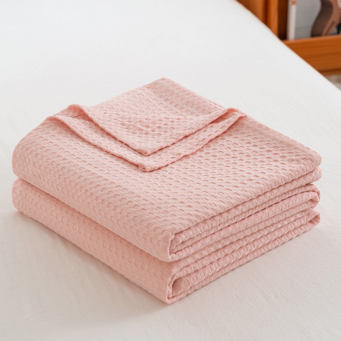 91家纺网 家纺一手货源 找家纺 乐家毛巾被（工厂自产自销） 2024新款全棉华夫格毛巾被 粉色