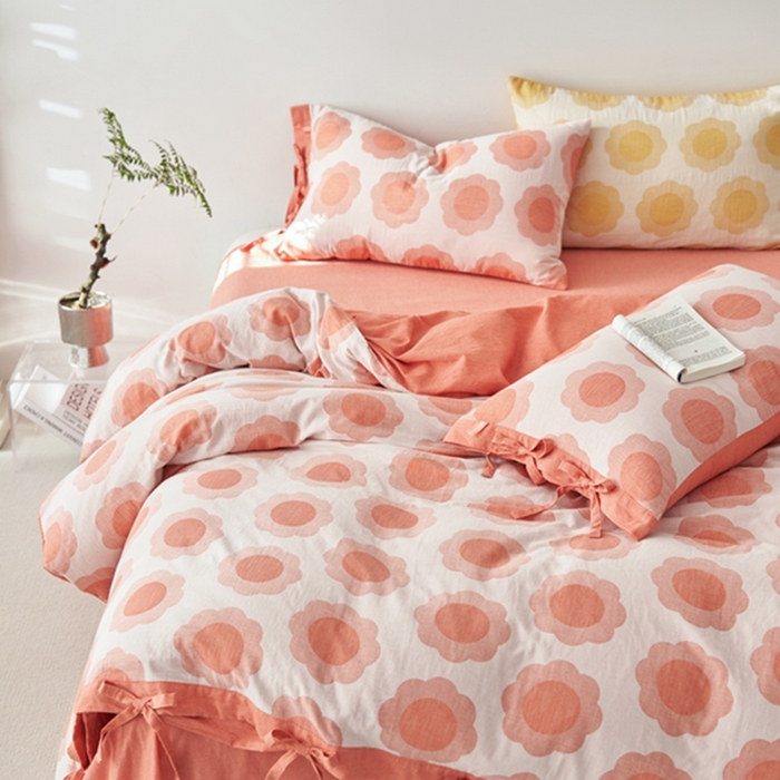 91家纺网 家纺一手货源 找家纺 安莱生活 2024新款双层纱大提花四件套-太阳花系列 太阳花-橘红