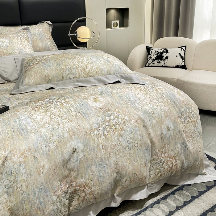 91家纺网 家纺一手货源 找家纺 大渔生活 2025新款舒芯棉高奢数码印花四件套 莫奈