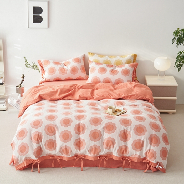 91家纺网 家纺一手货源 找家纺 安莱生活 2024新款双层纱大提花四件套-太阳花系列 太阳花-橘红