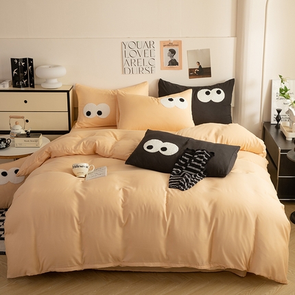 妖妖家纺 2024新款超柔水洗棉毛巾绣四件套（眼睛） 大眼睛-布丁黄