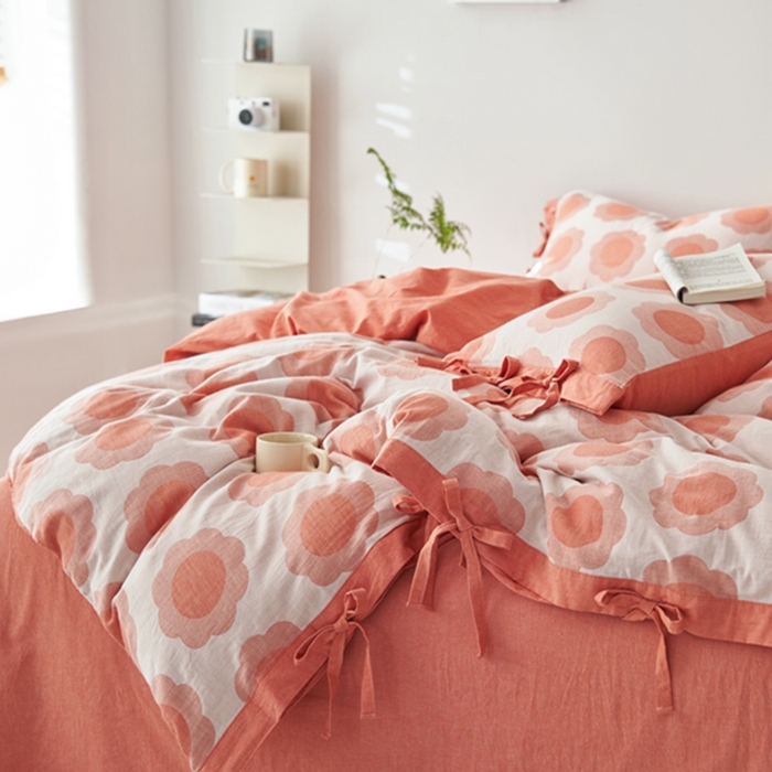 91家纺网 家纺一手货源 找家纺 安莱生活 2024新款双层纱大提花四件套-太阳花系列 太阳花-橘红