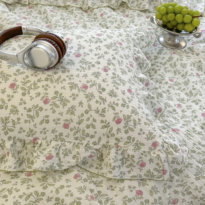 91家纺网 家纺一手货源 找家纺 玛奇朵 2024新款韩式荷叶边全棉双层皱皱纱夏被三件套 洛伊