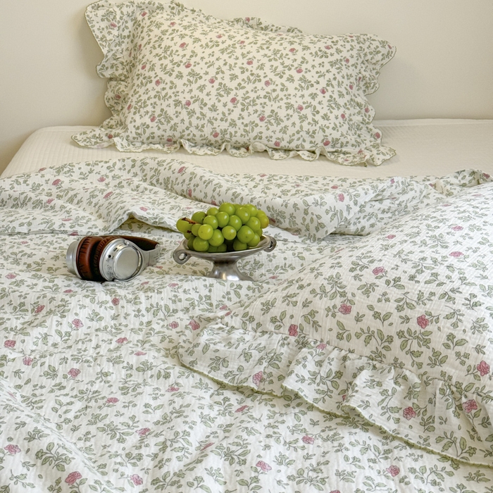 91家纺网 家纺一手货源 找家纺 玛奇朵 2024新款韩式荷叶边全棉双层皱皱纱夏被三件套 洛伊