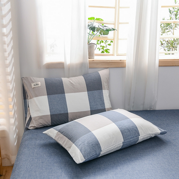 91家纺网 家纺一手货源 找家纺 恋人优选 2024新款纯棉枕套贴标款 蓝大格 贴标