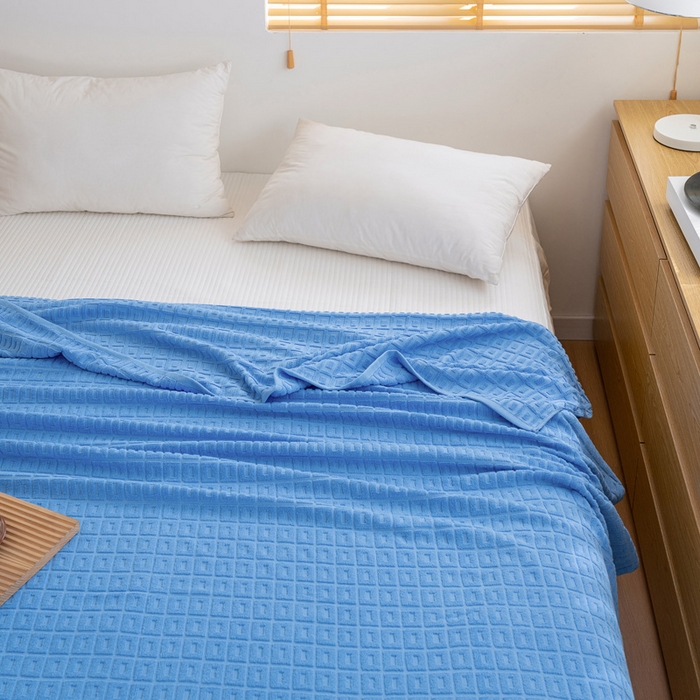 91家纺网 家纺一手货源 找家纺 乐家毛巾被（工厂自产自销） 2024新款简约方块格毛圈 深蓝色