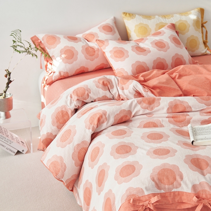 91家纺网 家纺一手货源 找家纺 安莱生活 2024新款双层纱大提花四件套-太阳花系列 太阳花-橘红