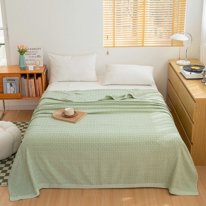 91家纺网 家纺一手货源 找家纺 乐家毛巾被（工厂自产自销） 2024新款简约方块格毛圈 绿色