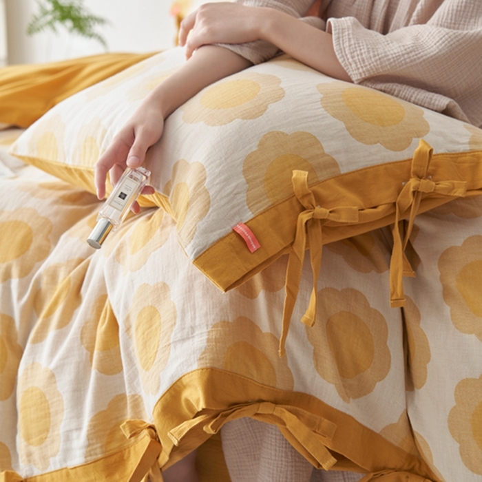 91家纺网 家纺一手货源 找家纺 安莱生活 2024新款双层纱大提花四件套-太阳花系列 太阳花-姜黄