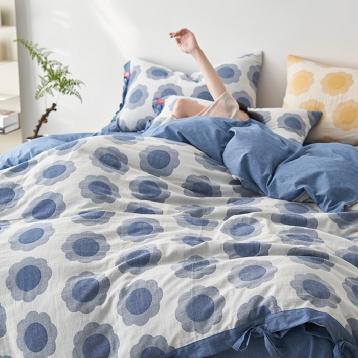 91家纺网 家纺一手货源 找家纺 安莱生活 2024新款双层纱大提花四件套-太阳花系列 太阳花-深蓝