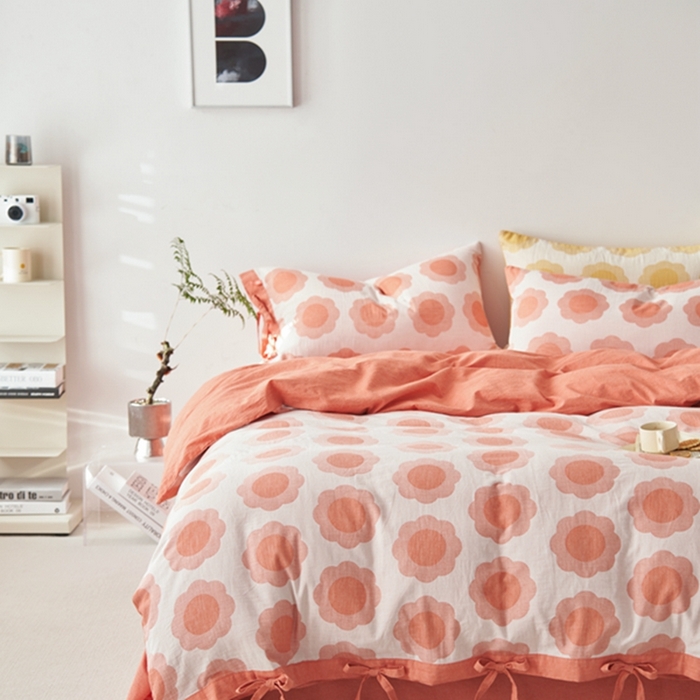 91家纺网 家纺一手货源 找家纺 安莱生活 2024新款双层纱大提花四件套-太阳花系列 太阳花-橘红