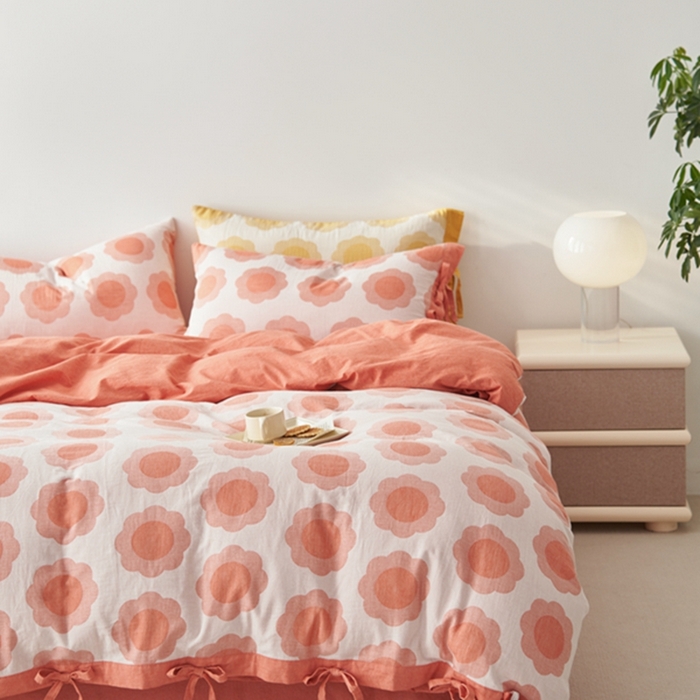 91家纺网 家纺一手货源 找家纺 安莱生活 2024新款双层纱大提花四件套-太阳花系列 太阳花-橘红