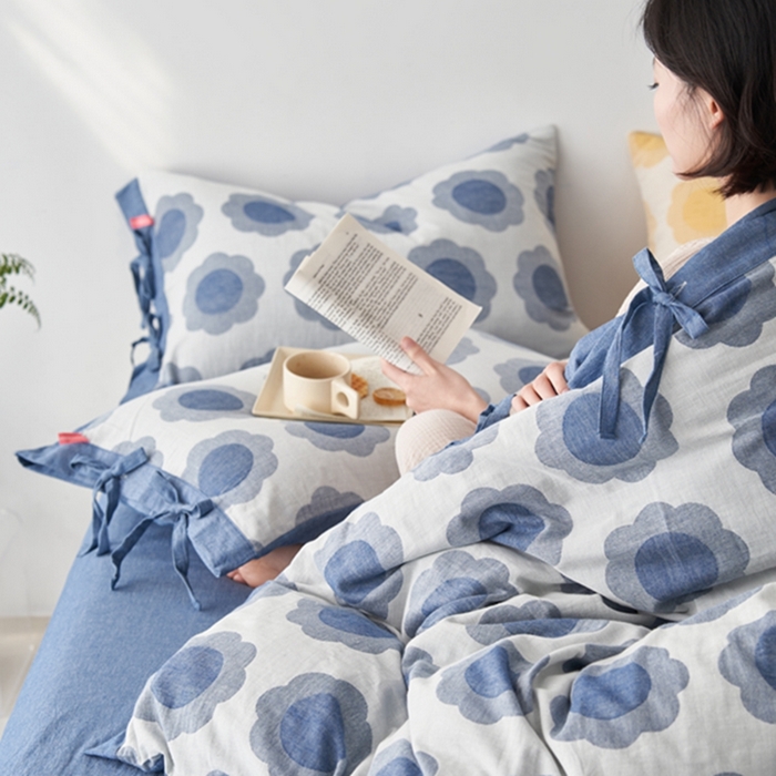 91家纺网 家纺一手货源 找家纺 安莱生活 2024新款双层纱大提花四件套-太阳花系列 太阳花-深蓝