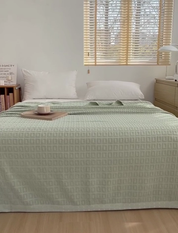 91家纺网 家纺一手货源 找家纺 乐家毛巾被（工厂自产自销） 2024新款简约方块格毛圈 绿色