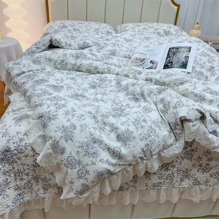 91家纺网 家纺一手货源 找家纺 暖居 2024新款砂洗棉花被套全棉床盖四件套绗缝夹棉纯棉床盖三件套赫本