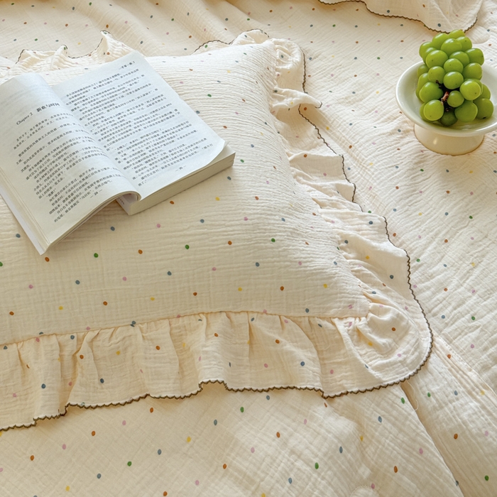 91家纺网 家纺一手货源 找家纺 （总）玛奇朵 2024新款韩式荷叶边全棉双层皱皱纱夏被三件套