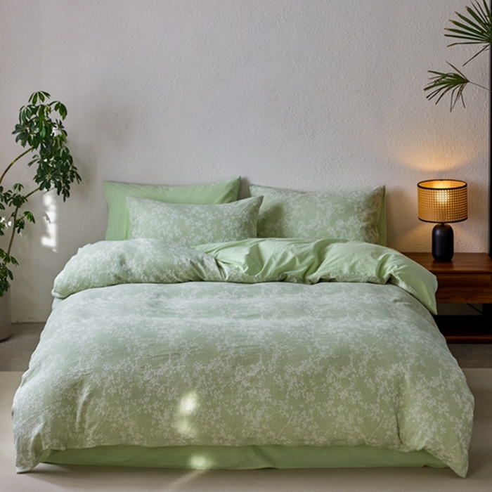 91家纺网 家纺一手货源 找家纺 安莱生活 2025新款三层纱大提花四件套-叶雨朦胧 叶雨朦胧-嫩绿