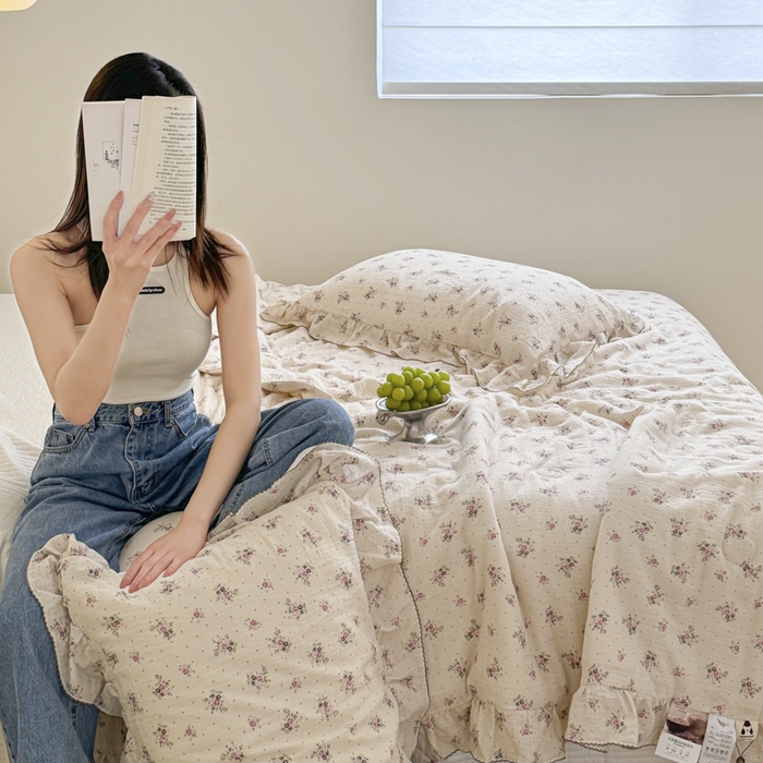 91家纺网 家纺一手货源 找家纺 玛奇朵 2024新款韩式荷叶边全棉双层皱皱纱夏被三件套 莉莉莎