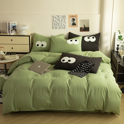妖妖家纺 2024新款超柔水洗棉毛巾绣四件套（眼睛） 大眼睛-嫩绿