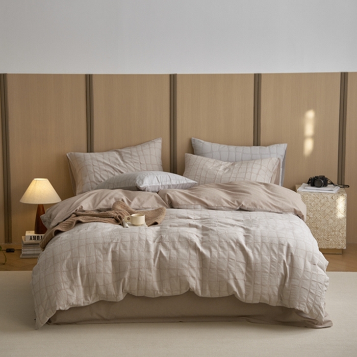 91家纺网 家纺一手货源 找家纺 安莱生活 2025新款色织水洗提花大理石纹四件套 大理石纹-卡其