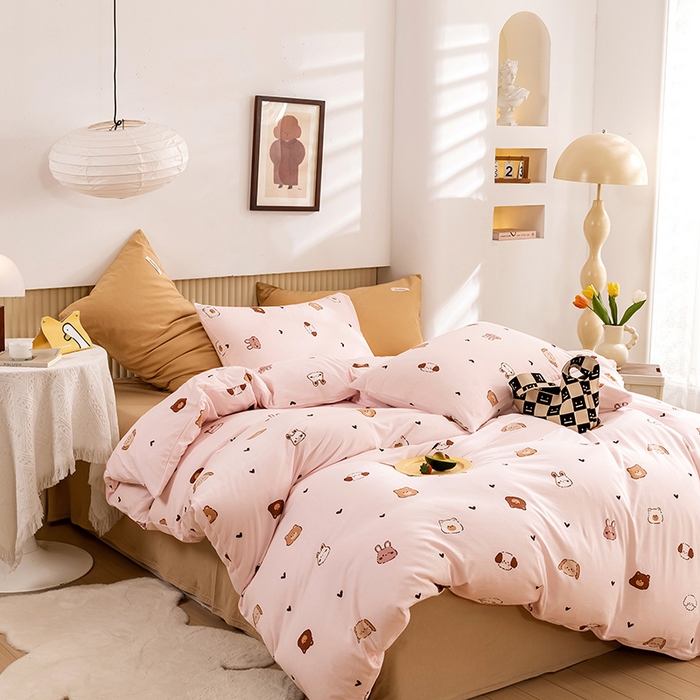 91家纺网 家纺一手货源 找家纺 优姿家纺2024新款A类全棉针织棉系列四件套 维尼家族-粉