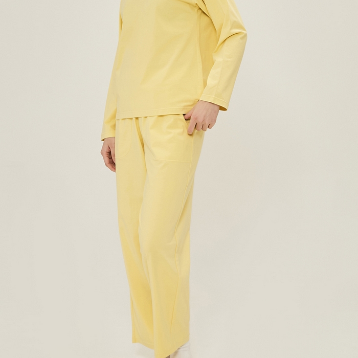 91家纺网 家纺一手货源 找家纺 EH 2024新款全棉男女情侣款家居服-男女款圆领 女款鹅黄色