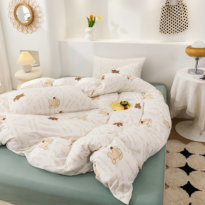 91家纺网 家纺一手货源 找家纺 优姿家纺2024新款A类全棉针织棉系列四件套 菲尔熊-绿