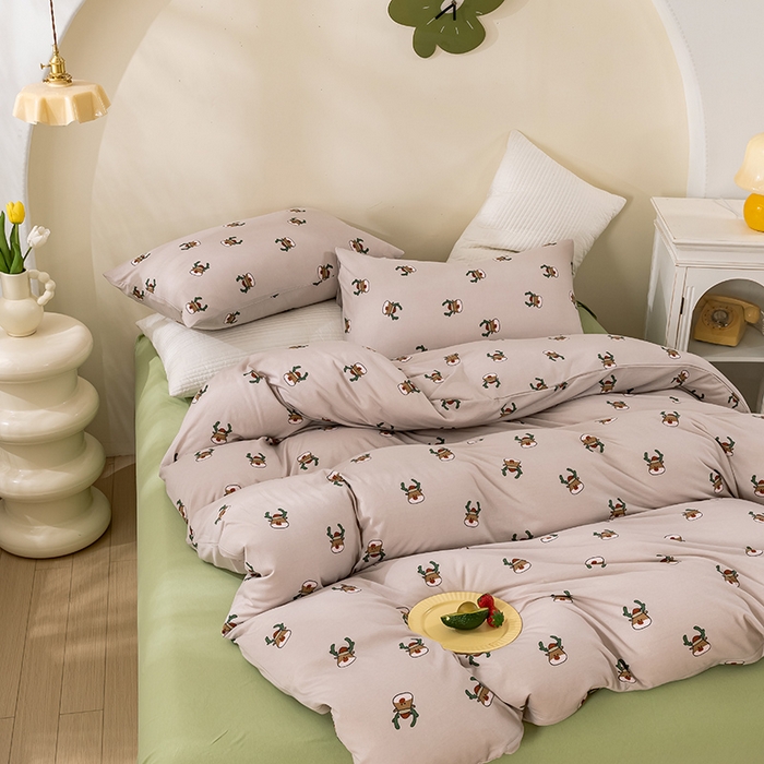 91家纺网 家纺一手货源 找家纺 优姿家纺2024新款A类全棉针织棉系列四件套 圣诞鹿-咖