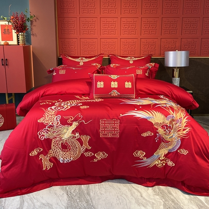 91家纺网 家纺一手货源 找家纺 佳汐蓝 2024新款100支全棉刺绣婚庆四件套多件套--浓情 龙凤喜事