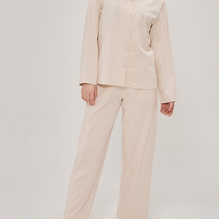 EH 2024新款全棉男女情侣款家居服-男女款翻领 女款杏仁粉