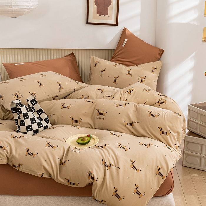 91家纺网 家纺一手货源 找家纺 优姿家纺2024新款A类全棉针织棉系列四件套 线条狗-咖