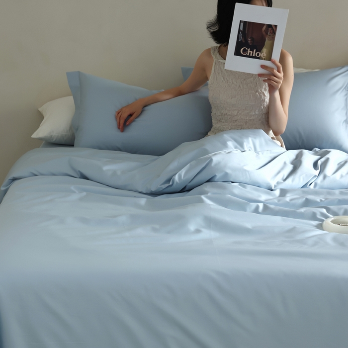 91家纺网 家纺一手货源 找家纺 轩和 2024新款70支埃及匹马棉纯棉纯色四件套风格二 天青蓝