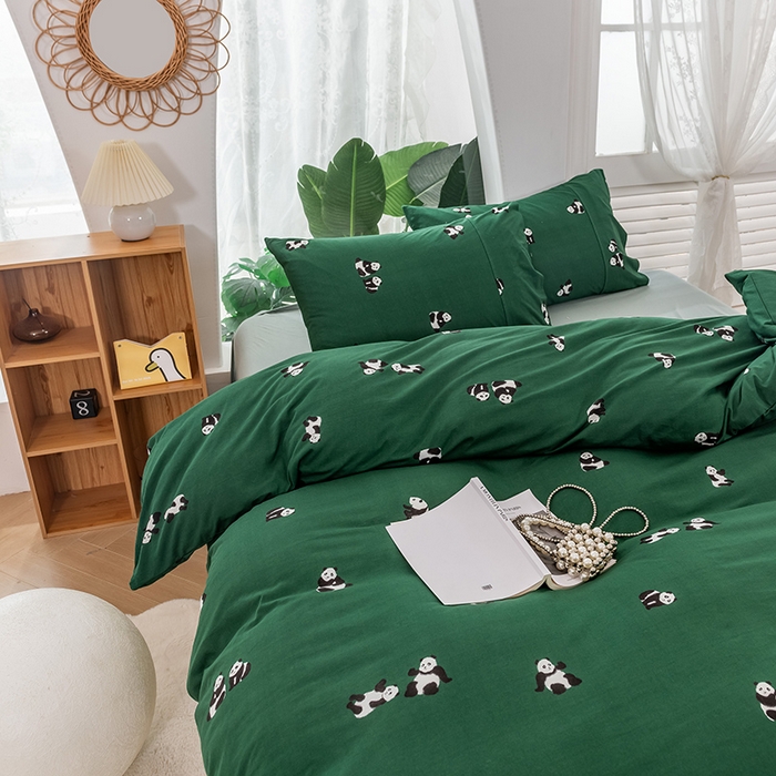 91家纺网 家纺一手货源 找家纺 优姿家纺2024新款A类全棉针织棉系列四件套 熊猫团子-绿